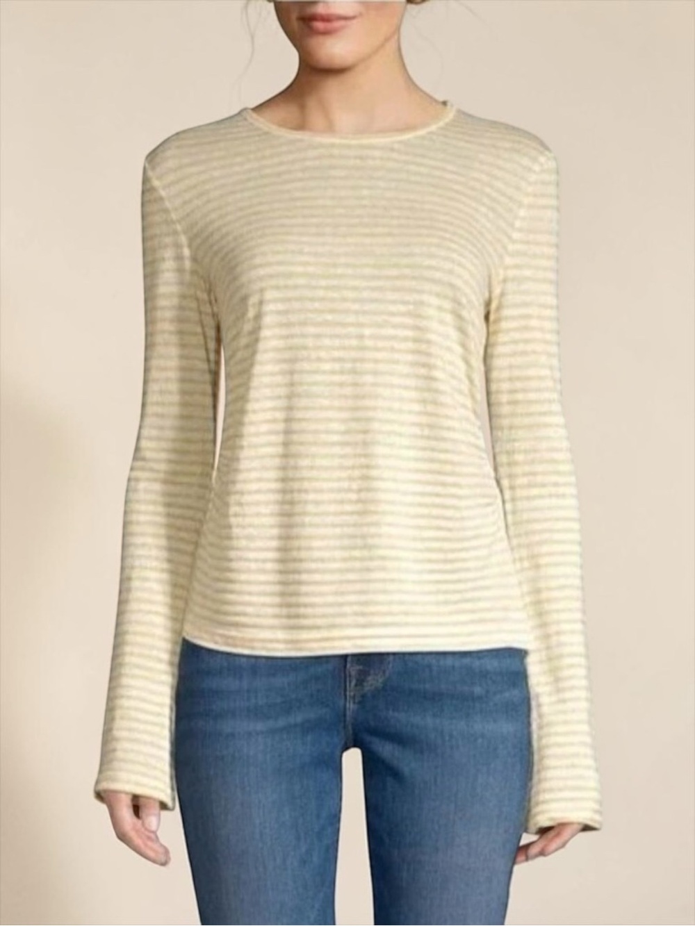 Frame Denim Linen Cotton Blend White Gold Stipe T-shirt Split Bell Sleeve Small